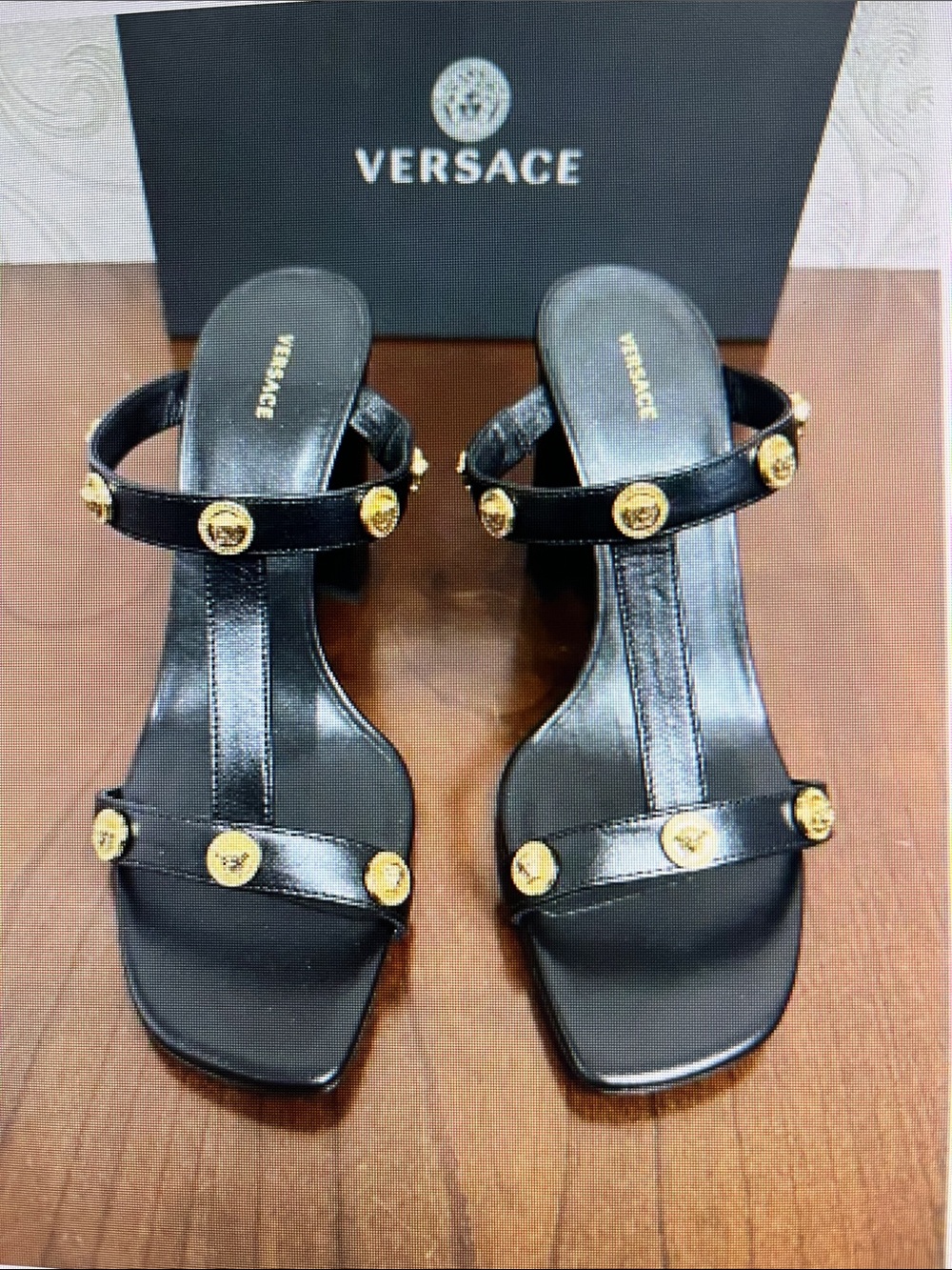 Versace Black Leather T-Strap Block Heel Mules with Gold Medallions - Picture 3 of 9